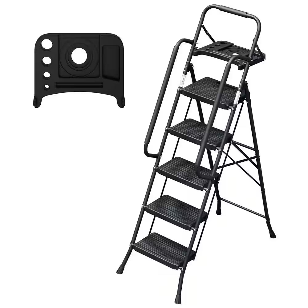 5.5 Ft. Reach Folding 5-Step Steel Ladder,Step Stool with Handrails,Tool Plateform,Non-Slip Wide Pedal, 330 Lbs.Capacity