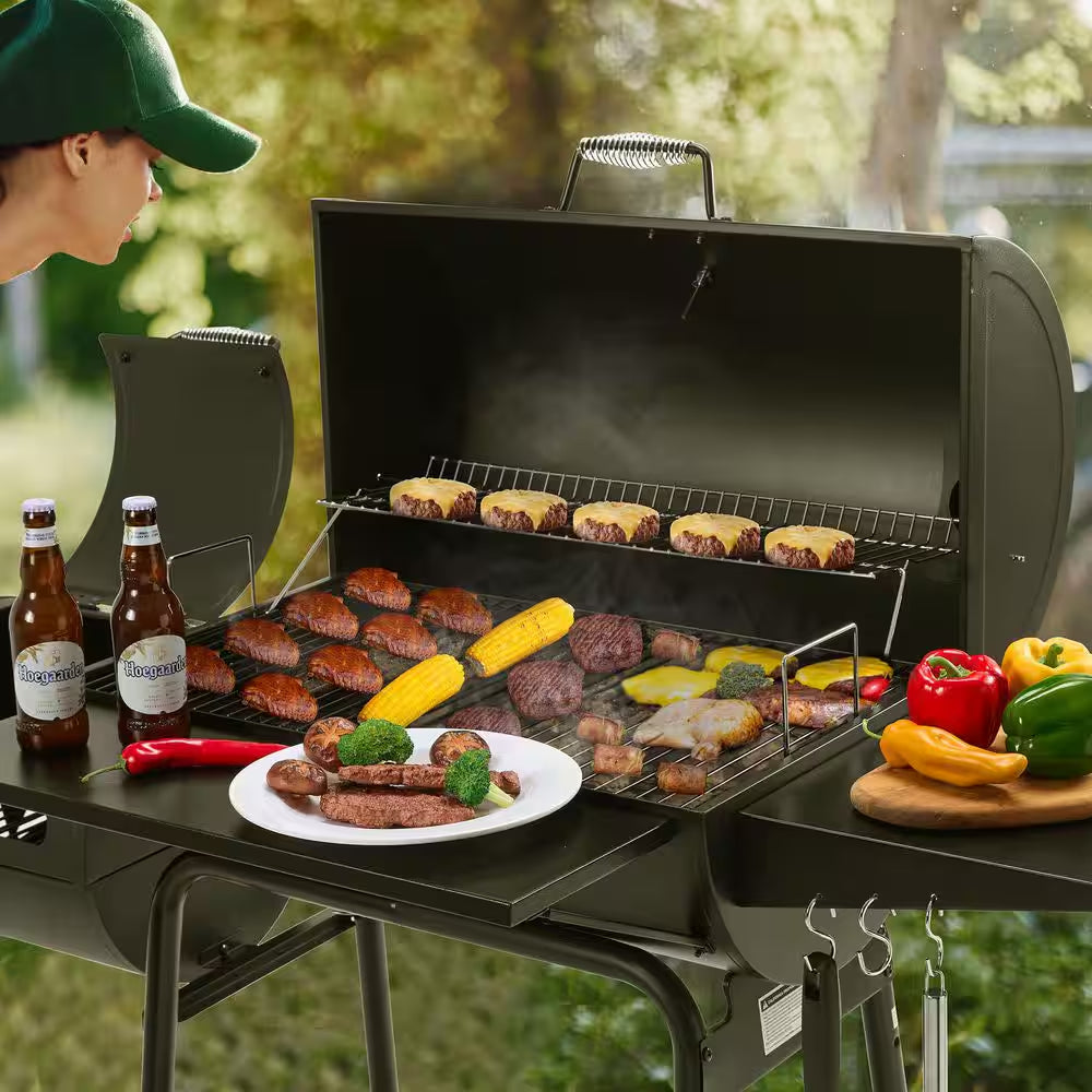 Charcoal Grill with Offset Smoker and Side Table in Black plus a Cover