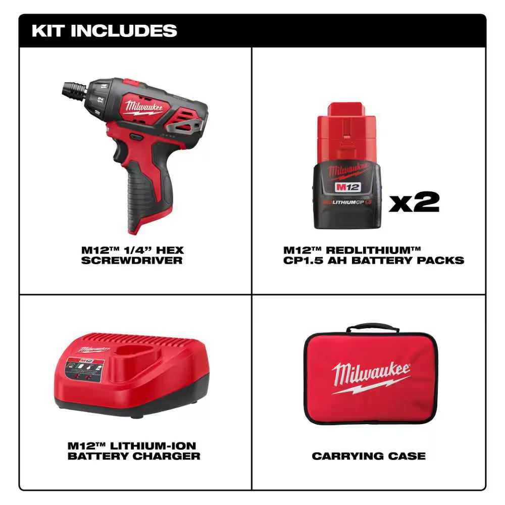M12 12V Lithium-Ion Cordless 1/4 In. Hex Screwdriver Kit with Two 1.5Ah Batteries, Charger and Tool Bag