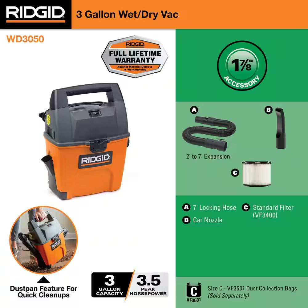 3 Gal. 3.5 Peak HP Handheld Shop Vacuum Wet Dry Vac with  SWEEP Dust Pan, Filter, Hose and Car Nozzle WD3050