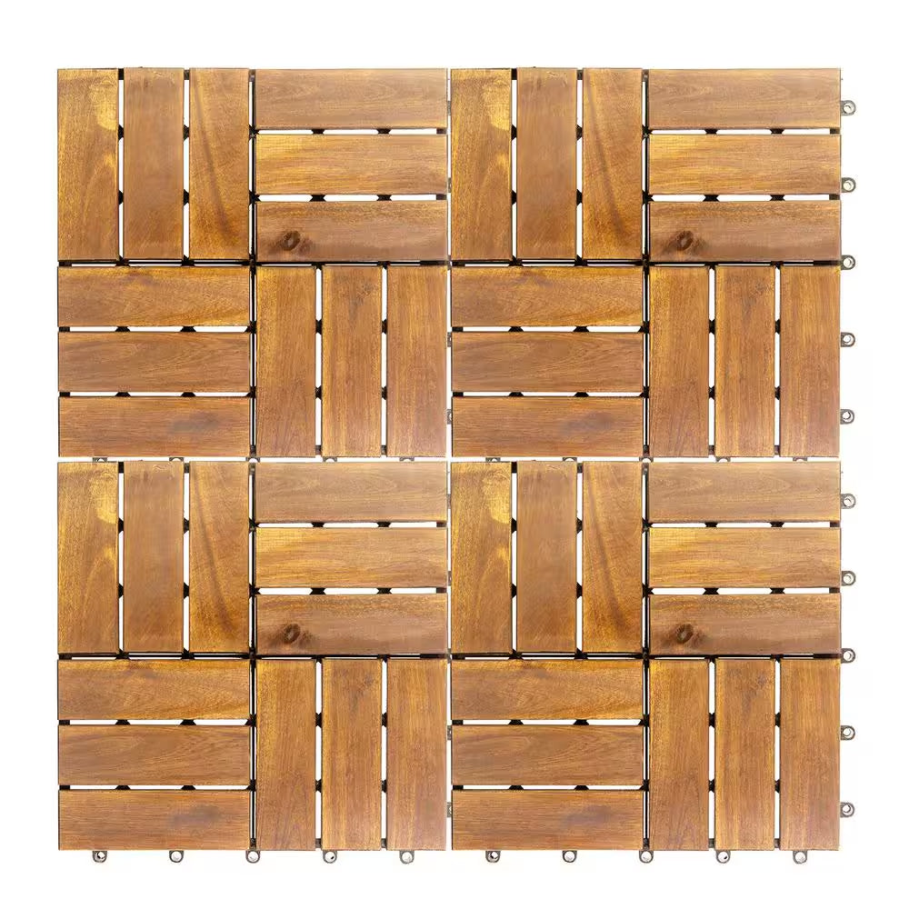 12 In. X 12 In. Acacia Wood Interlocking Flooring Deck Tile Checker Pattern Brown 12-Slats,10-Pieces Covering 10 Sq. Ft.