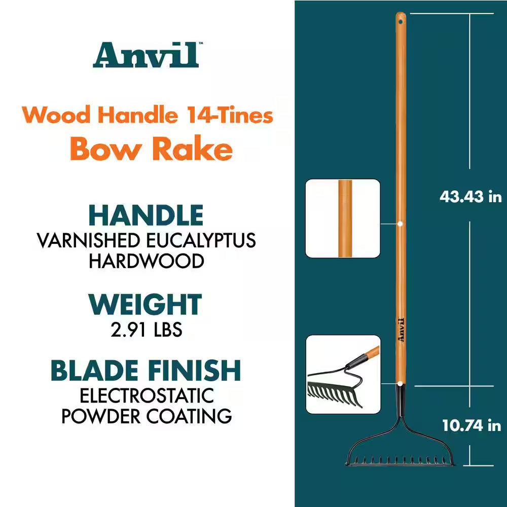 47 In. L Wood Handle 14-Tines Garden Bow Rake