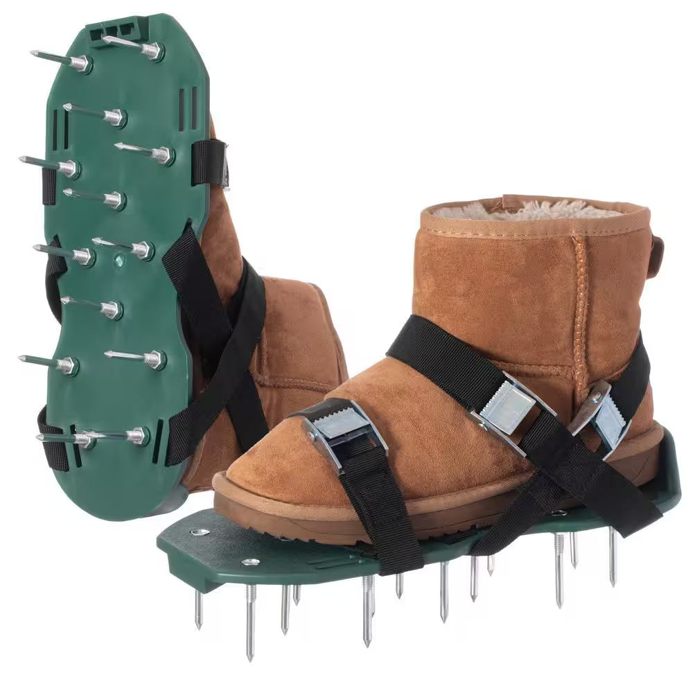 Lawn and Garden Aerator Spike Shoe with 3 Metal Buckle Straps, Green Spiked Sandal