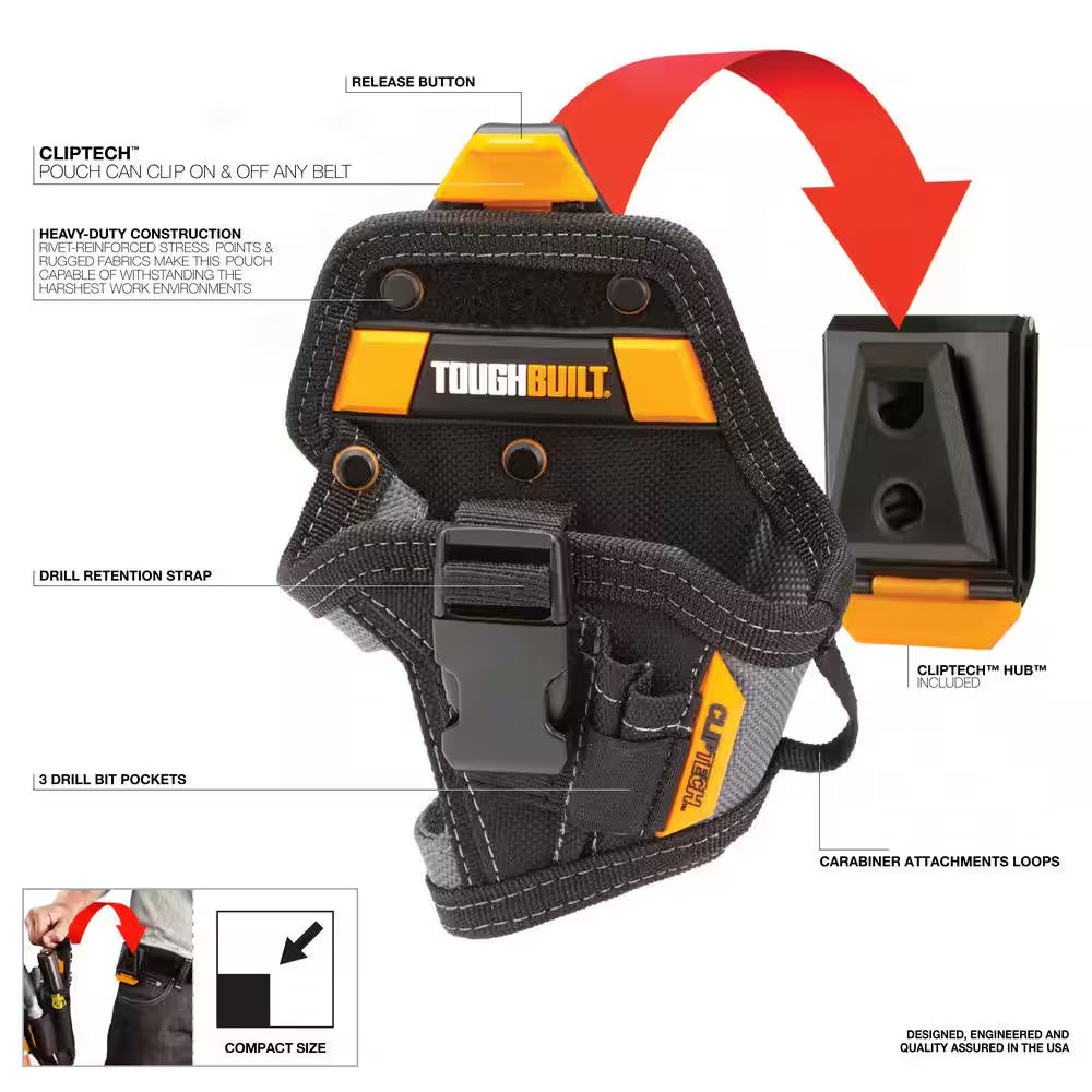 Compact Drill Holster in Black with Cliptech Hub, Drill-Bit Pockets and Robust Rivet-Reinforced Construction