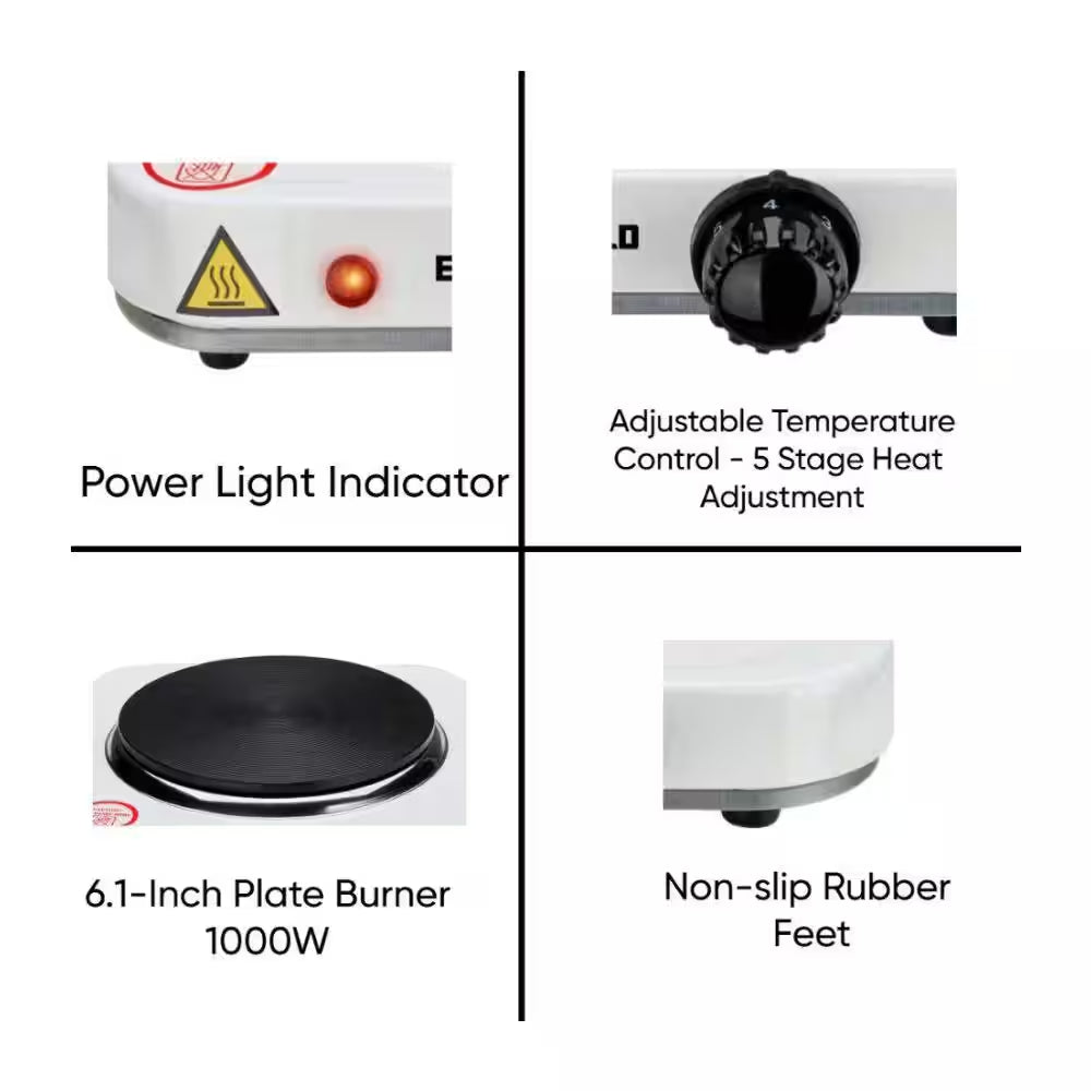 1000W Single Burner 6.1 In. White Electric Hot Plate Stove