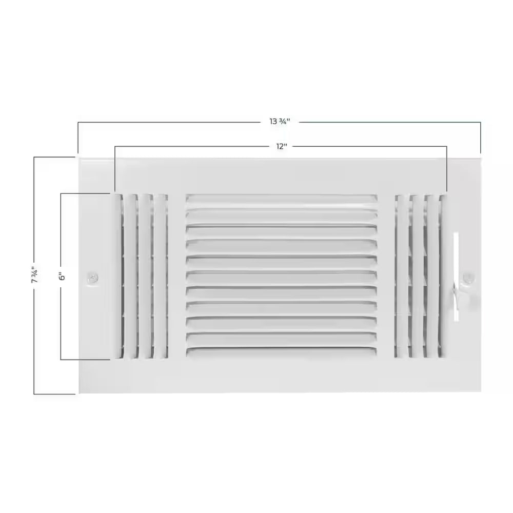 12 In. X 6 In. 3-Way Steel Wall/Ceiling Register , White