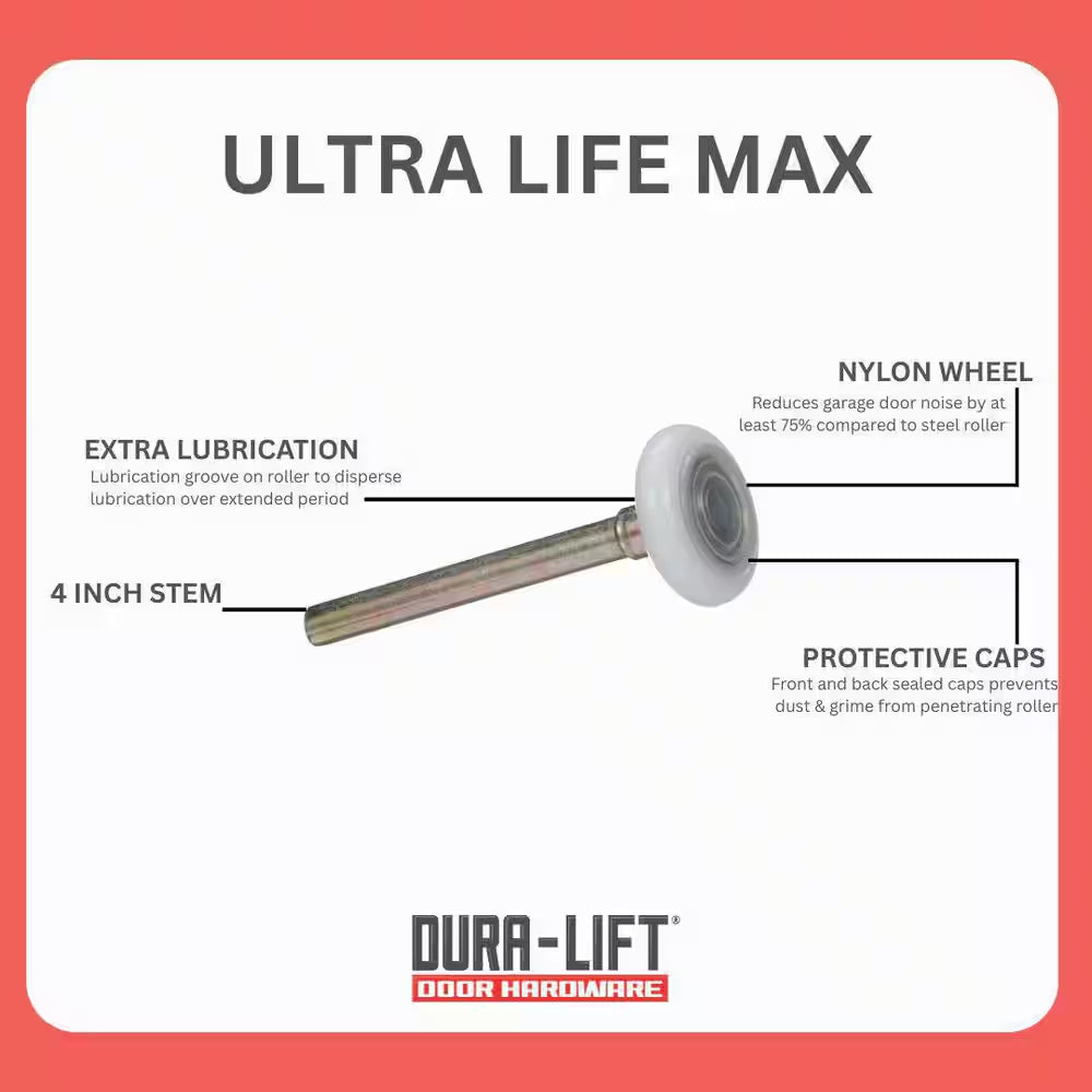 Ultra-Life Max 2 In. Nylon Garage Door Roller with Sealed 6200ZZ Bearing and 4 In. Steel Stem (10-Pack)