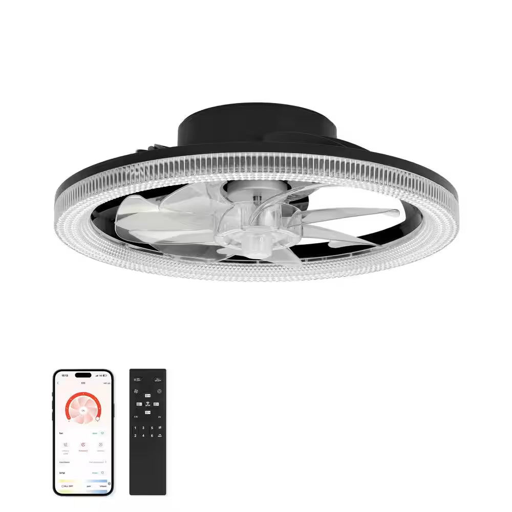 16 In. Smart Modern Indoor Black Low Profile Color Changing Standard Flush Mount Ceiling Fan Light with LED for Bedroom
