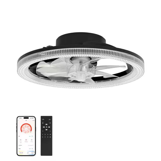 16 In. Smart Modern Indoor Black Low Profile Color Changing Standard Flush Mount Ceiling Fan Light with LED for Bedroom