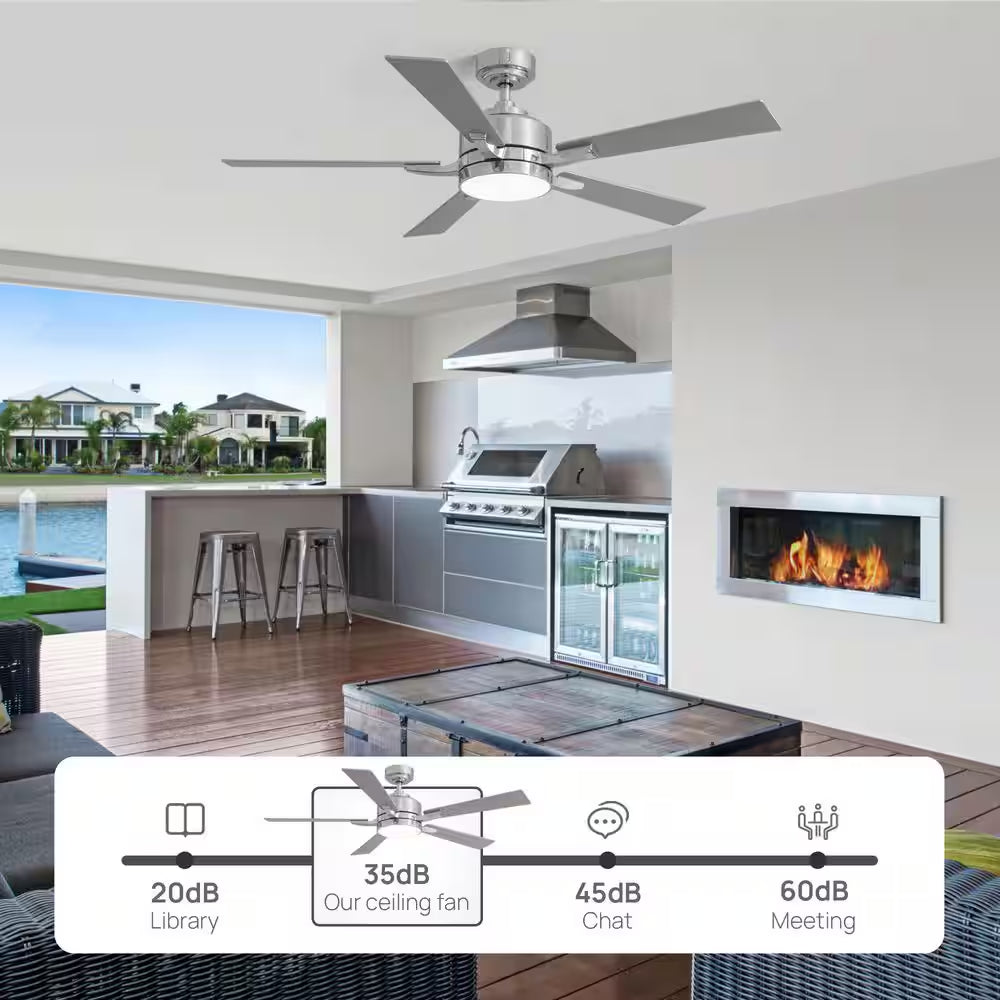 52 In. Indoor Modern Chrome Ceiling Fan with LED Light and Remote Control for Bedroom and Living Room