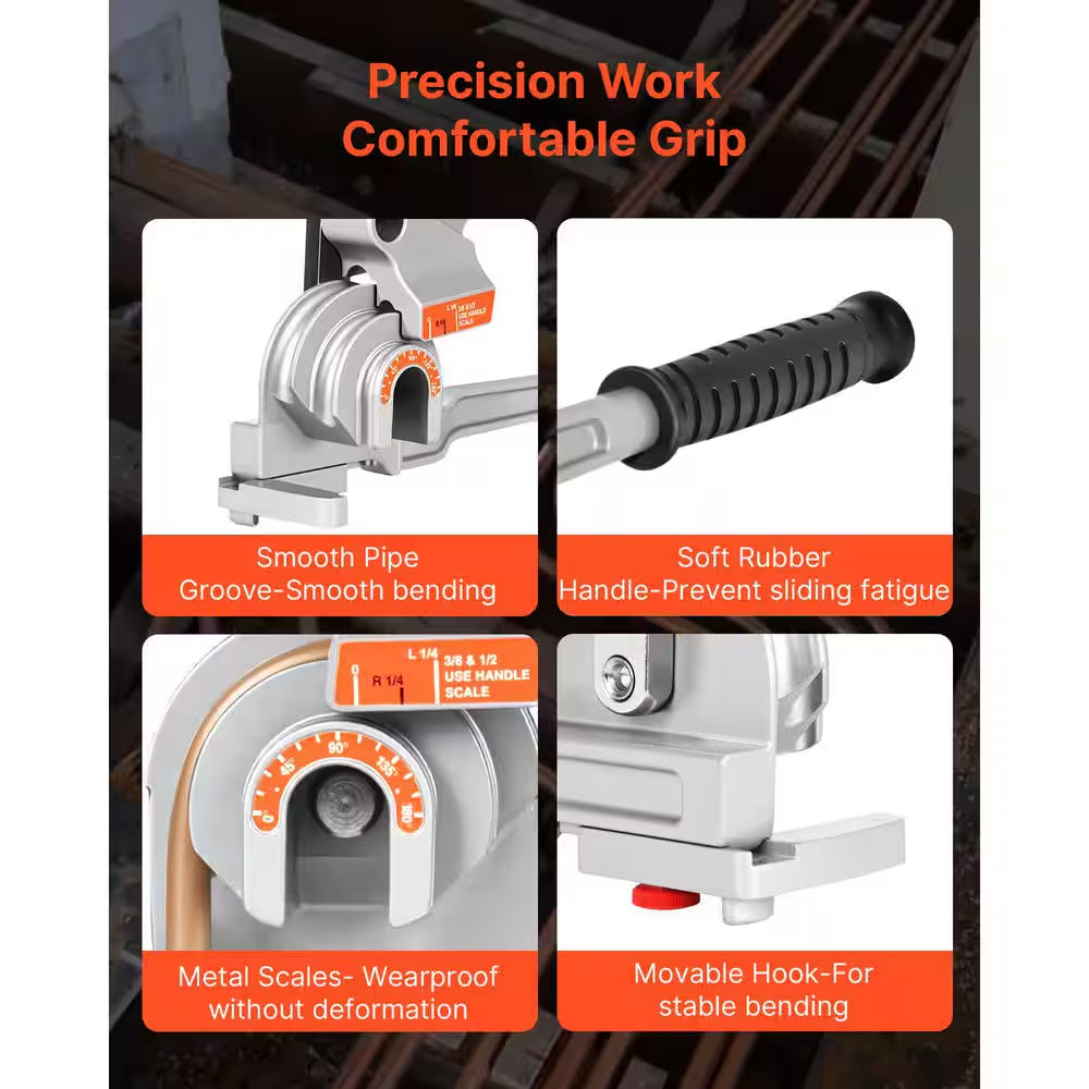 3 in 1 Pipe Bender 1/4 In. to 1/2 In. Manual Level Tube Bender 0 to 180 Degrees Aluminum for HVAC AC Refrigerator Repair
