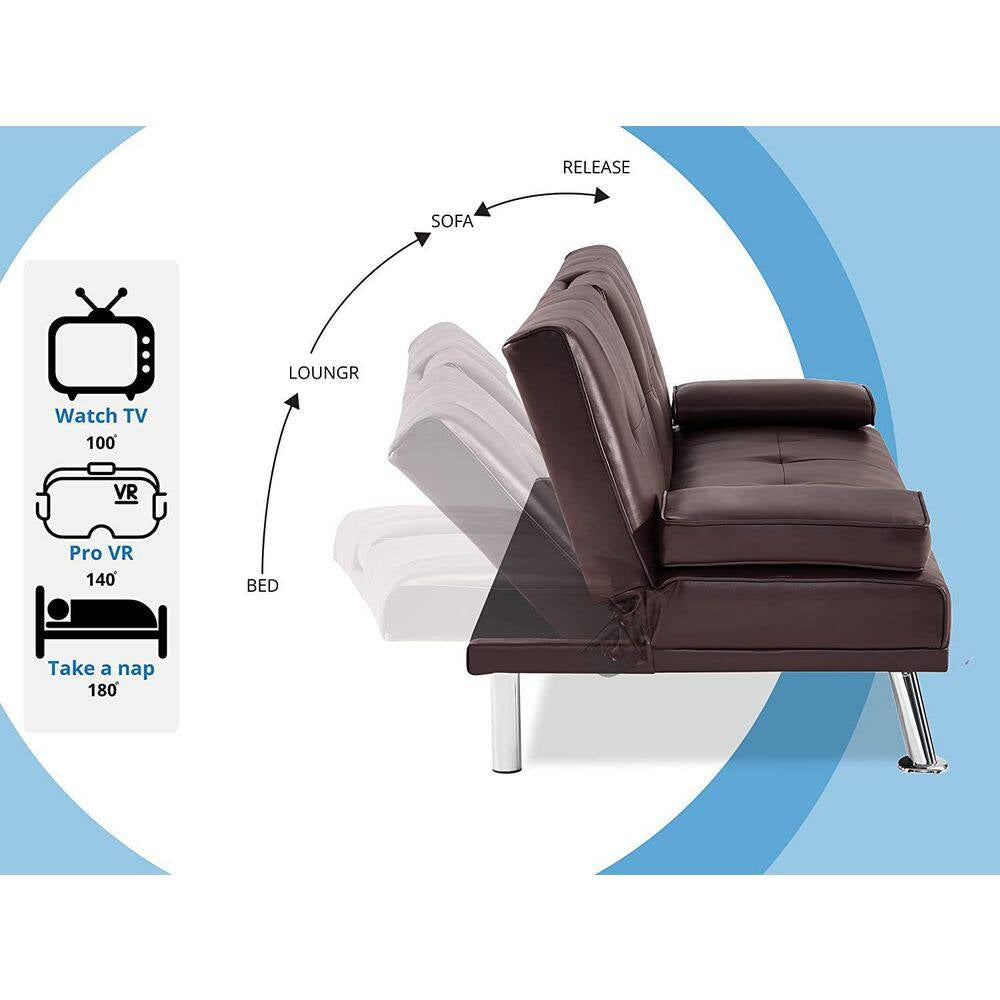 66 in Espresso Futon Sofa Mattress Faux Leather Couch with Armrest and 2-Cupholders Square Arm Rectangle with Metal Legs