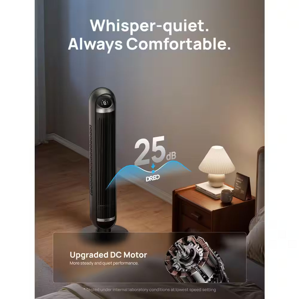 36 In. Smart Tower Fan, 8 Speed, DC Motor, 25 DB Quiet, 90° Oscillating with Remote and Wi-Fi Voice Control in Black