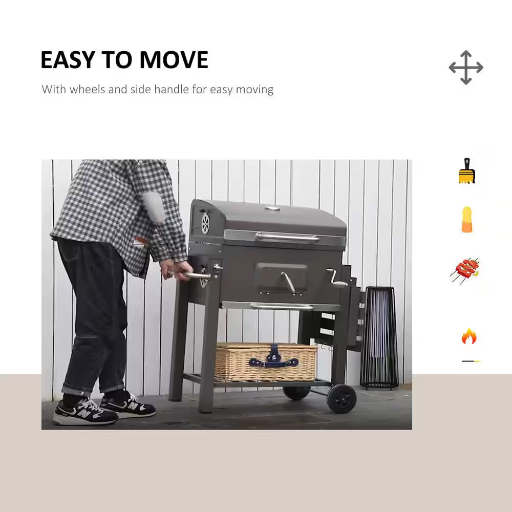 Portable Charcoal Grill in Gray with Side Shelf