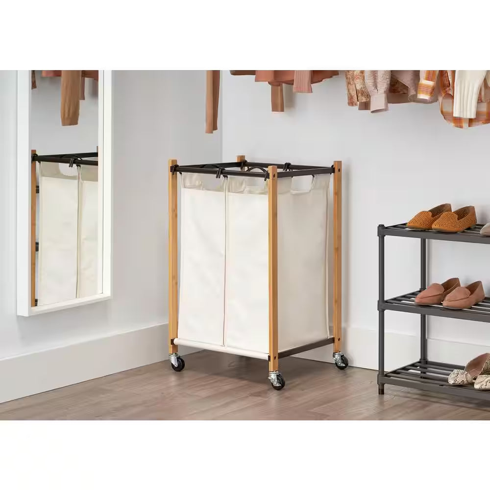 Basics Bronze 2-Bag Bamboo Laundry Cart with Wheels