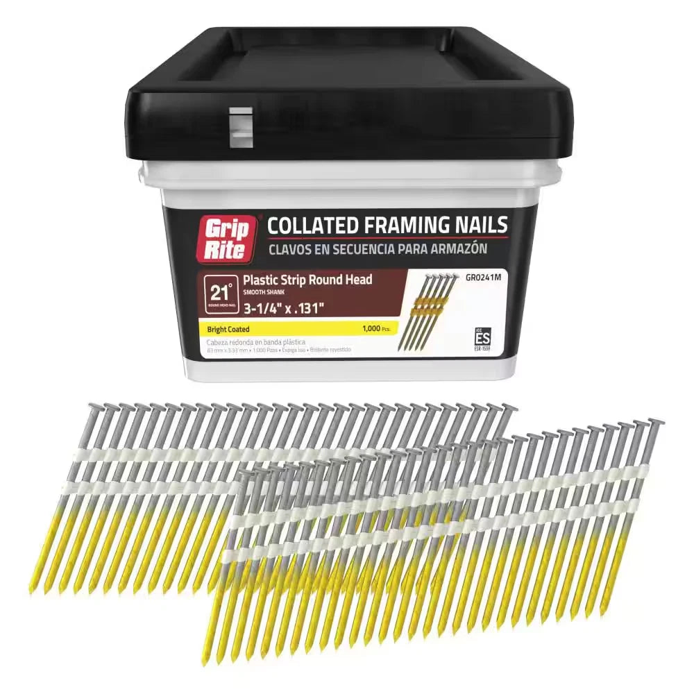 3-1/4 In. X 0.131 In. 21° Plastic Collated Exterior Galvanized Smooth Shank Framing Nails 1000 per Box