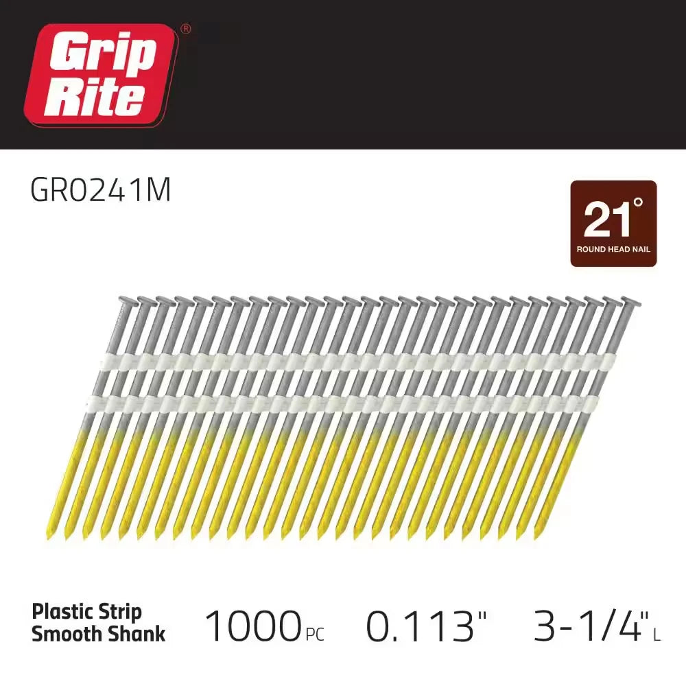 3-1/4 In. X 0.131 In. 21° Plastic Collated Exterior Galvanized Smooth Shank Framing Nails 1000 per Box