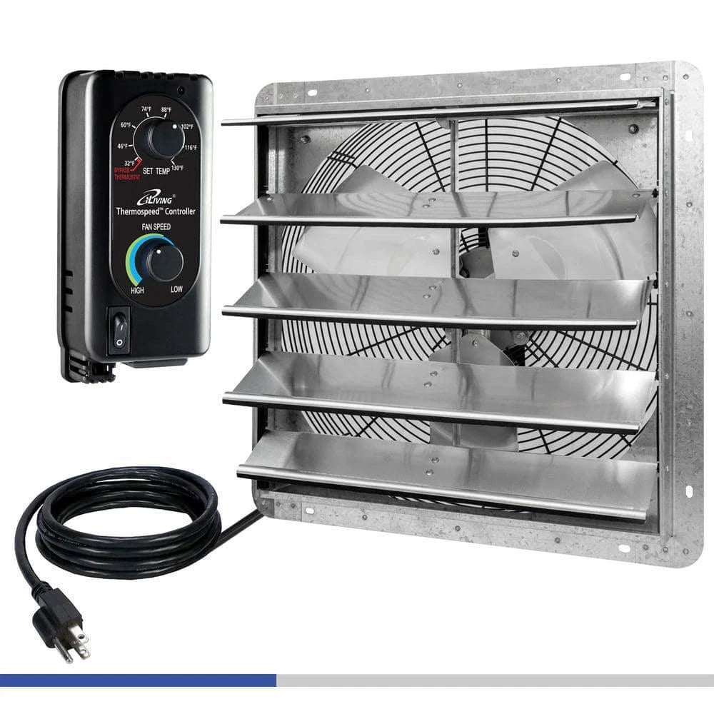 18 In. Wall Mounted Shutter Exhaust Fan, Automatic Shutter, with Thermostat and Variable Speed Controller, 1736 CFM