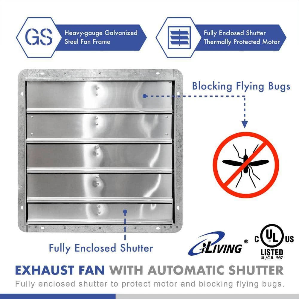 18 In. Wall Mounted Shutter Exhaust Fan, Automatic Shutter, with Thermostat and Variable Speed Controller, 1736 CFM