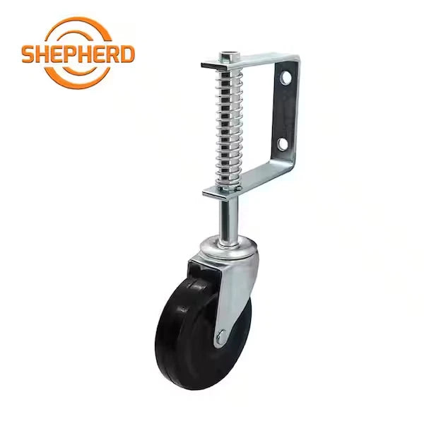 4 In. Black Hard Rubber and Steel Swivel Gate Caster with Adjustable Spring Bracket and 125 Lb. Load Rating