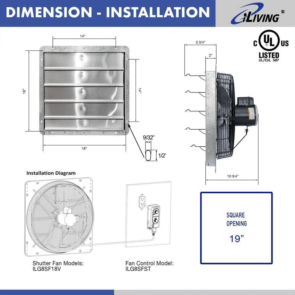 18 In. Wall Mounted Shutter Exhaust Fan, Automatic Shutter, with Thermostat and Variable Speed Controller, 1736 CFM