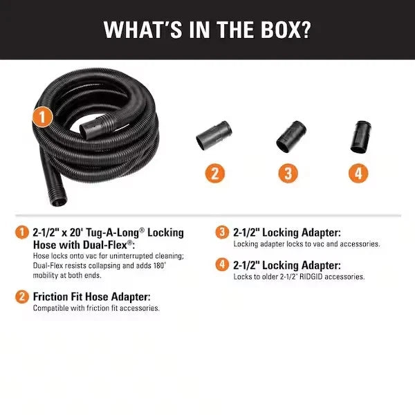 2-1/2 In. X 20 Ft. LA2522 DUAL-FLEX Locking Vacuum Hose Kit Accessory Shop Vacuum Attachment for  Wet Dry Vacs