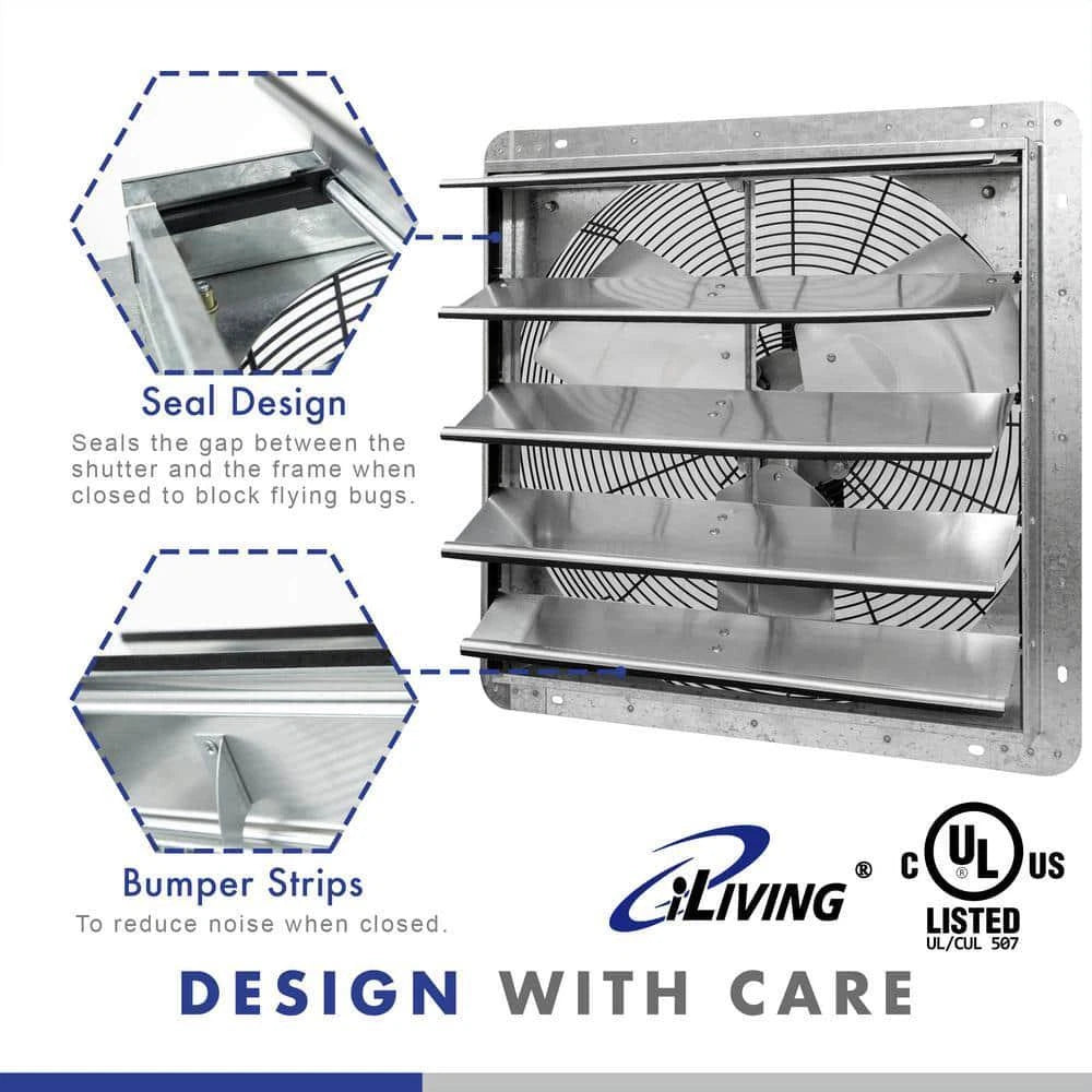 18 In. Wall Mounted Shutter Exhaust Fan, Automatic Shutter, with Thermostat and Variable Speed Controller, 1736 CFM