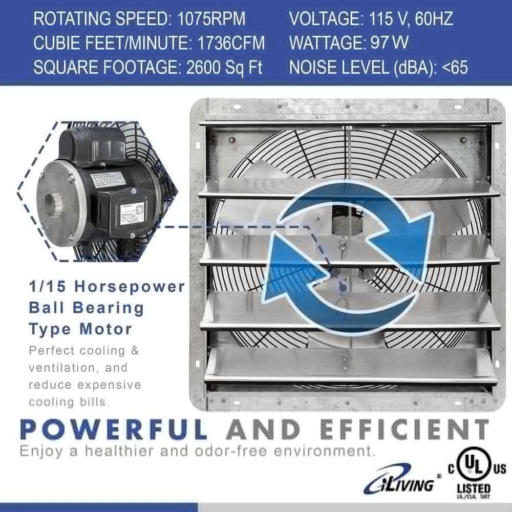 18 In. Wall Mounted Shutter Exhaust Fan, Automatic Shutter, with Thermostat and Variable Speed Controller, 1736 CFM