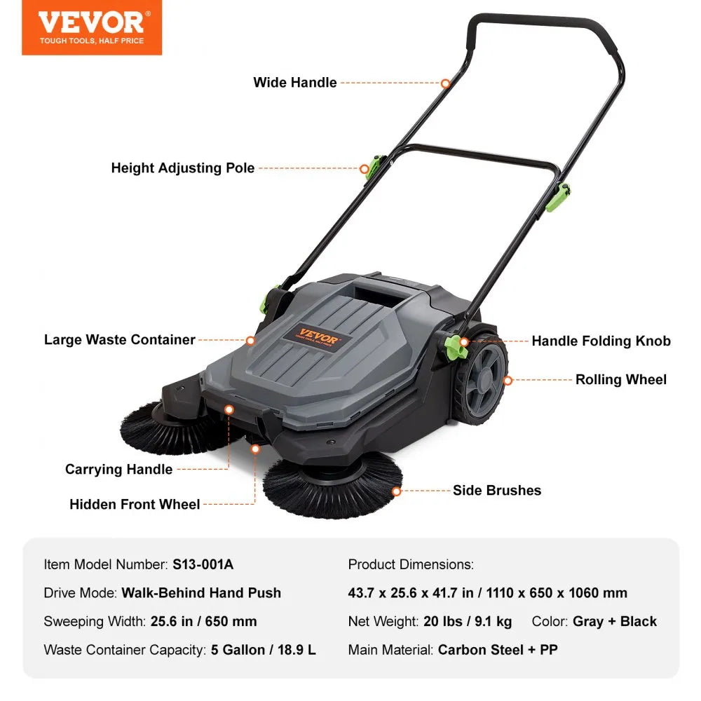 VEVOR Walk-Behind Hand Push Floor Sweeper 25.6 in. 5 gal.