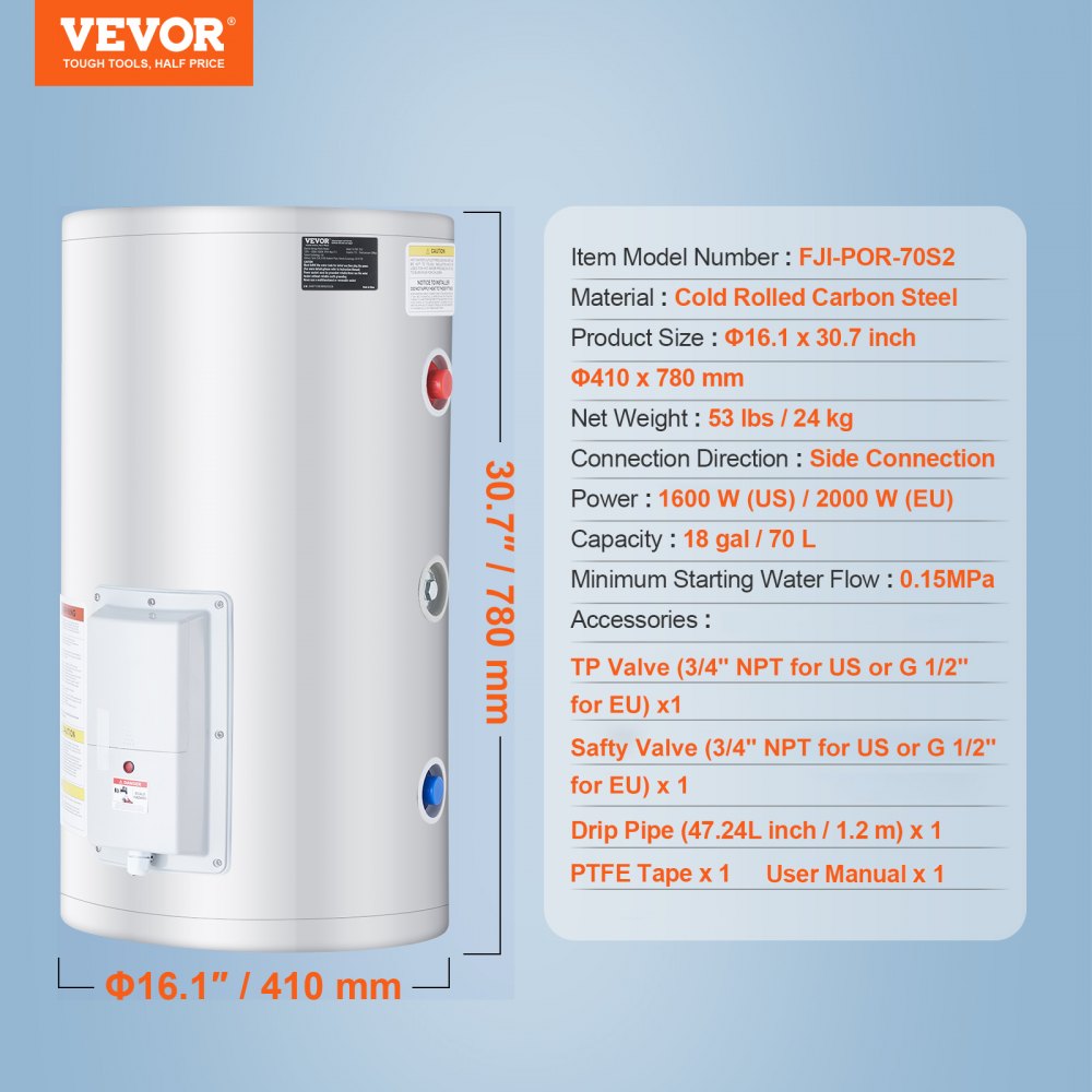 VEVOR Electric Water Heater 18 gal Tank