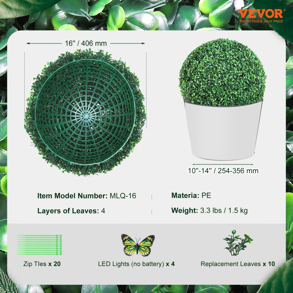 VEVOR Artificial Boxwood Topiary Balls 16 in. 2 Pieces